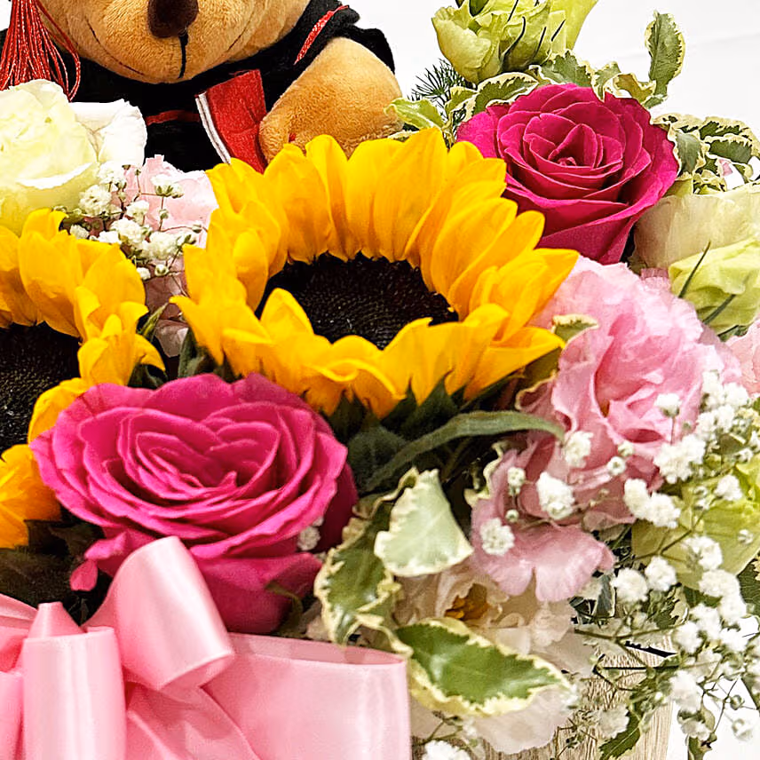 Graduation Flowers & Teddy Basket Arrangement