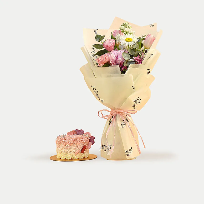 Beautiful Mixed Flowers Bouquet & Floral Heart Choco Cake