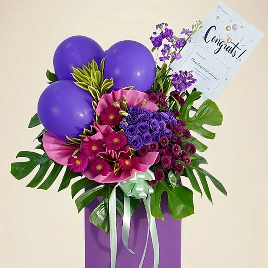 Mixed Flowers Purple Balloons Cardboard Stand