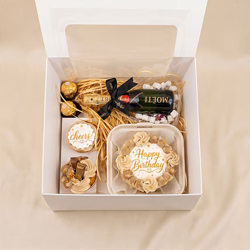 Mini Moet Champagne and Birthday Bento Cake Gift Box