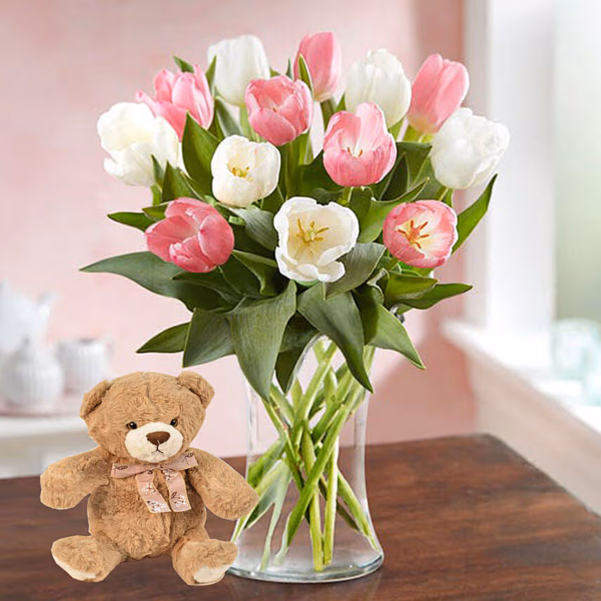Serene 15 Mixed Tulips Arrangement Teddy Bear