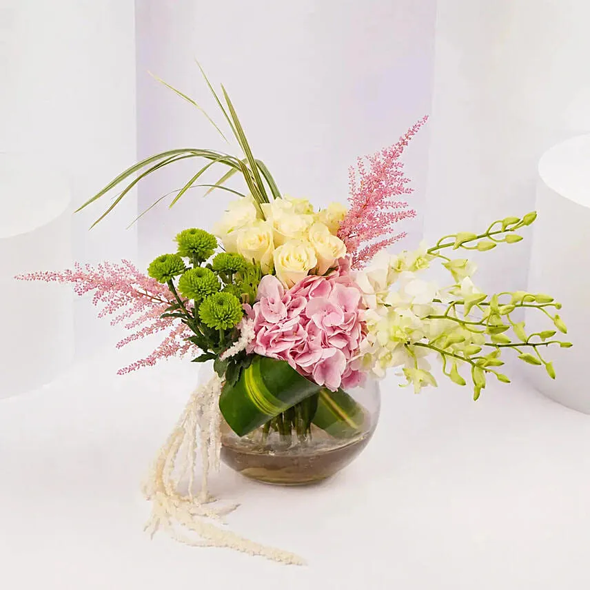 Serene Bloom Arrangement in Glass Vase