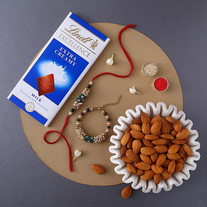 Sneh Pearl Rakhi Set With Lindt Chocolates & Almonds