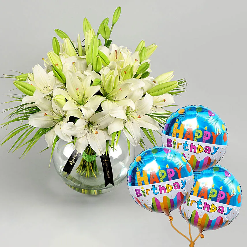 Lilies Happiness Arrangement With Birthday Balloons