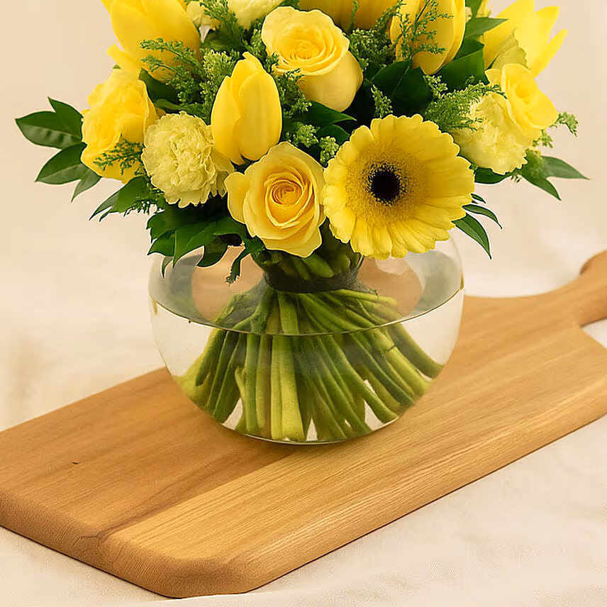 Bright Mixed Flowers Fish Bowl Vase
