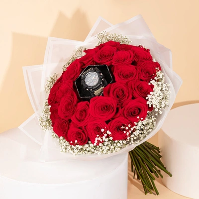 Luxurious Red Rose Bouquet with CASIO G-Shock Mudmaster Watch for Men
