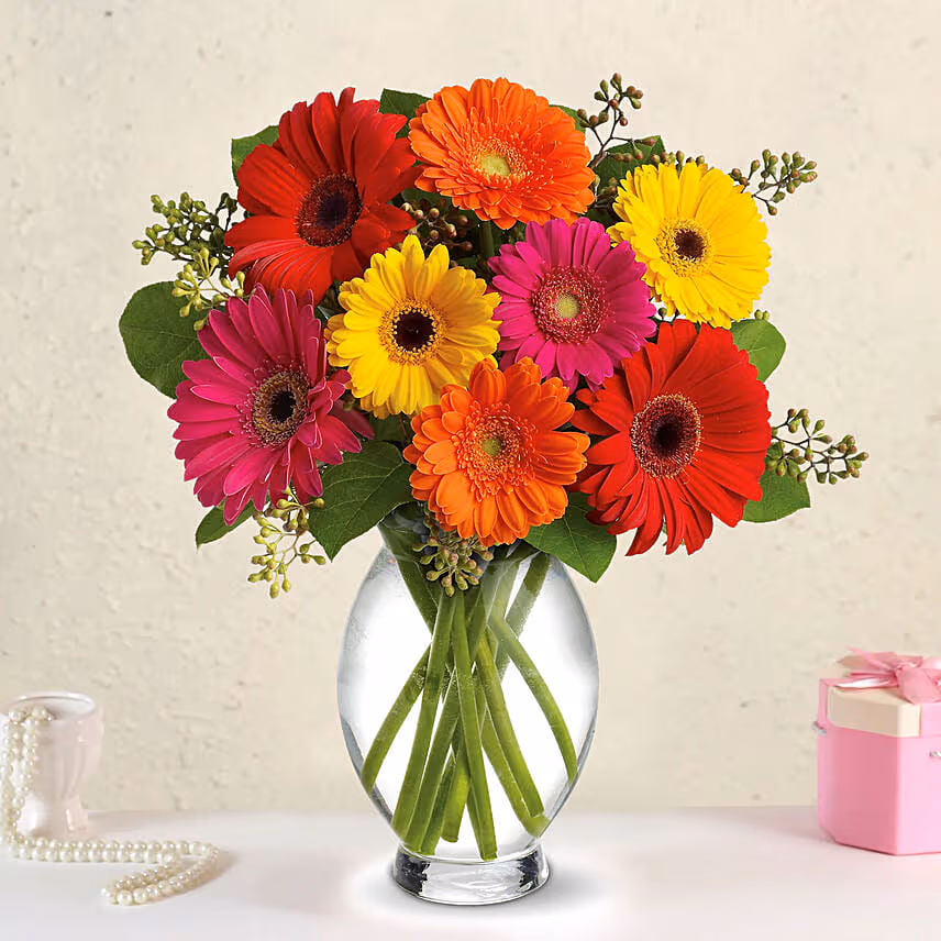 Heavenly Multicoloured Gerberas With Chocolate Cake