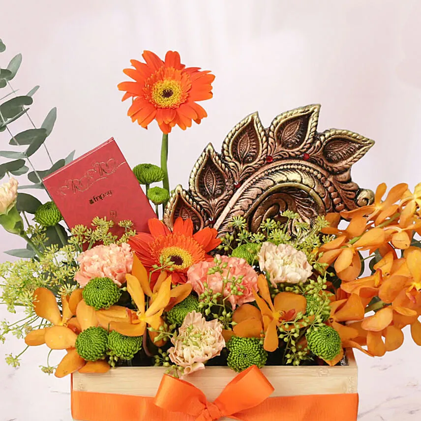 Premium 5 Diya Deepavali Flowers and Chocolate