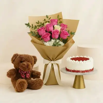 Sweet Teddy Bear n Flower Bouquet - Pink Roses and Red Velvet Cake