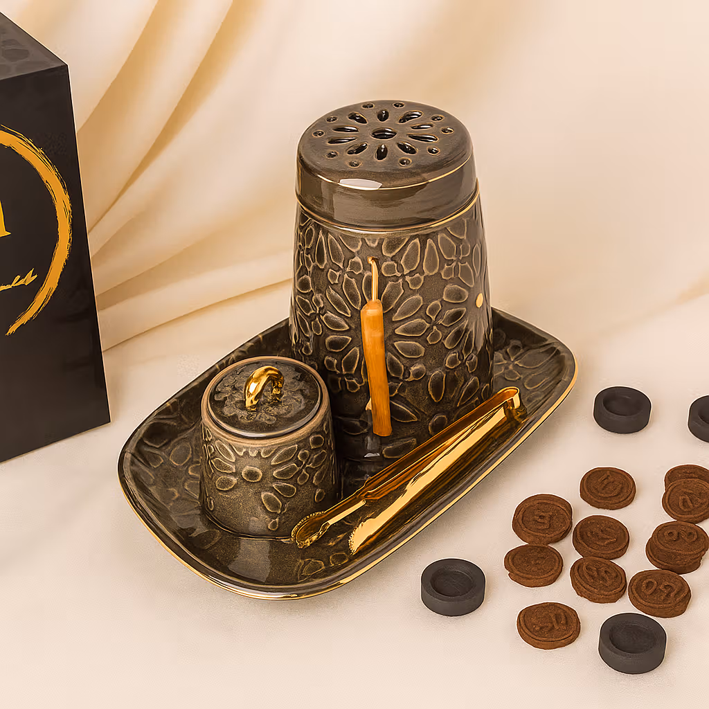 Elegant Black Porcelain Incense Burner Set with Arabic Engravings - Q51 Perfumes