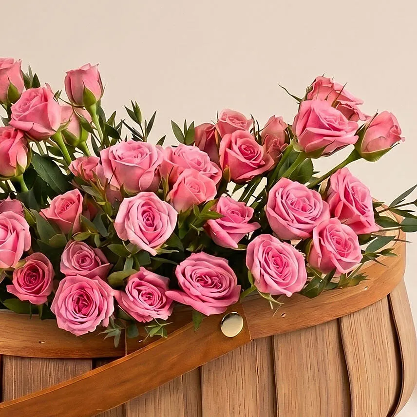 Pink Spray Rose in Small Basket