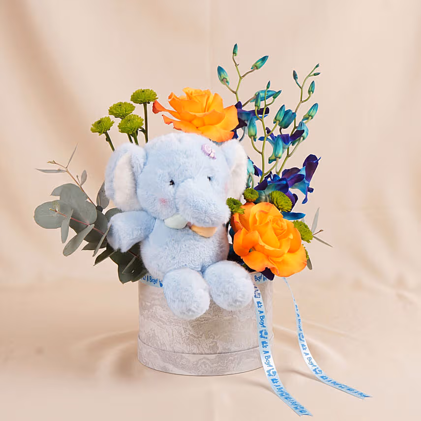 Baby Boy Elephant Plush & Roses Hatbox