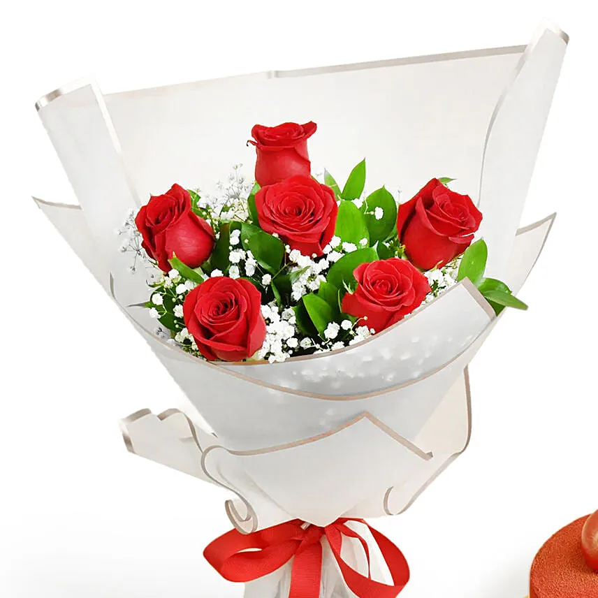 6 Red Rose Beauty Bouquet With Cake