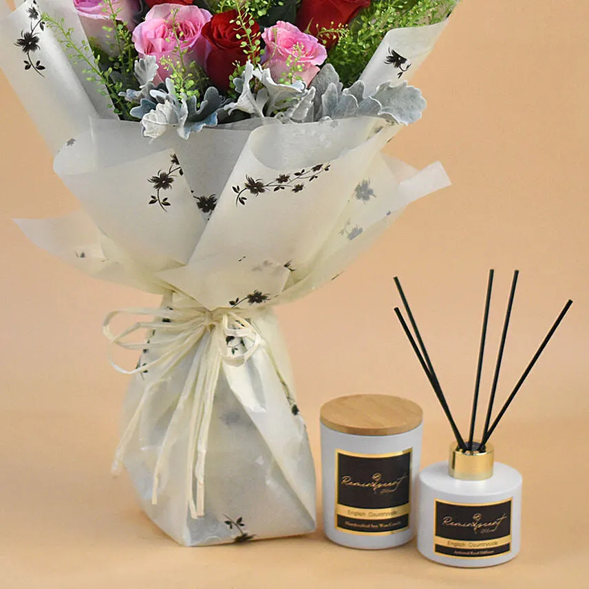 Rosy Dream Flower Bouquet With Candle & Diffuser