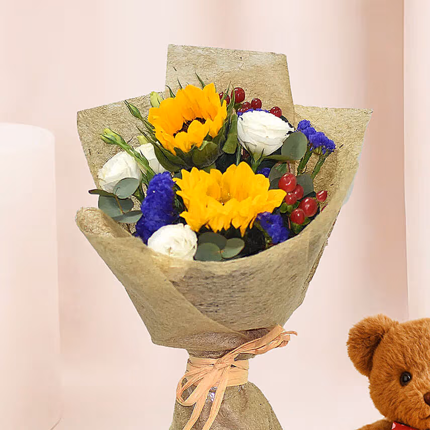 Appealing Mixed Flowers Bouquet With Teddy Bear