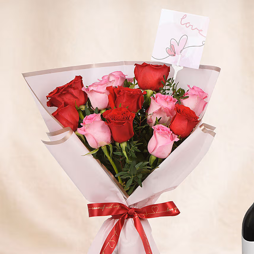 Love Expresssion Roses Bouquets and Wine Gift Set