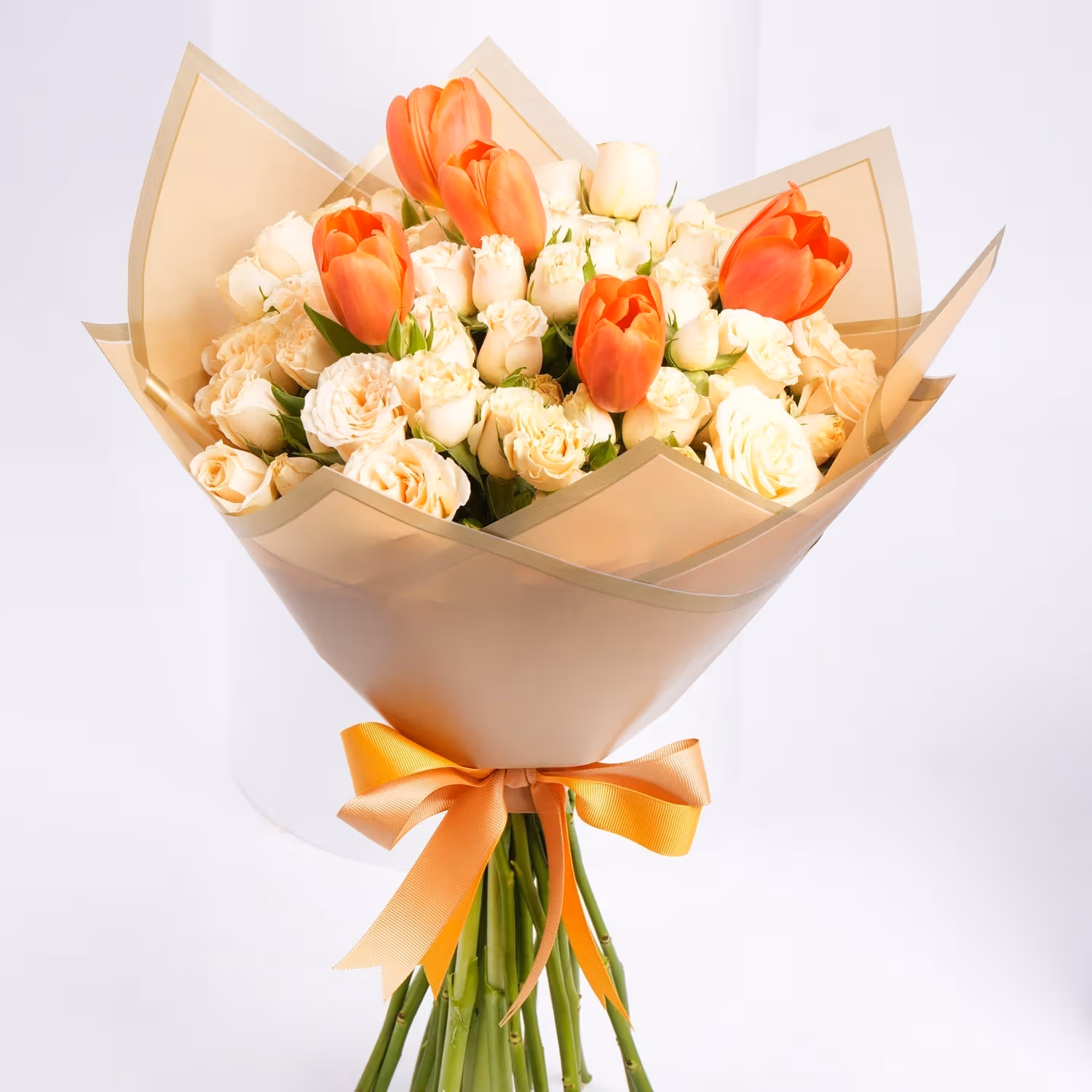 Chic Celebration Bouquet: Orange Tulips & Peach Roses