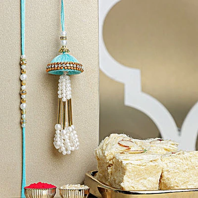 Elegant Jhumar Lumba Rakhi Set with Soan Papdi Delight - Perfect for Bhaiya-Bhabhi