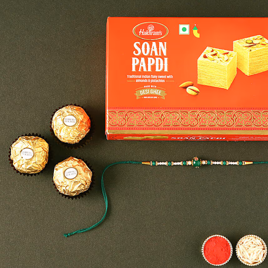 Sneh Green Rakhi With Soan Papdi & Ferrero Rocher