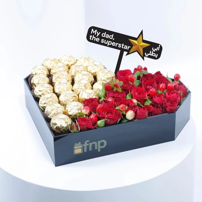 Father's Day Romantic Delights Heart Box with Roses and Ferrero Rocher