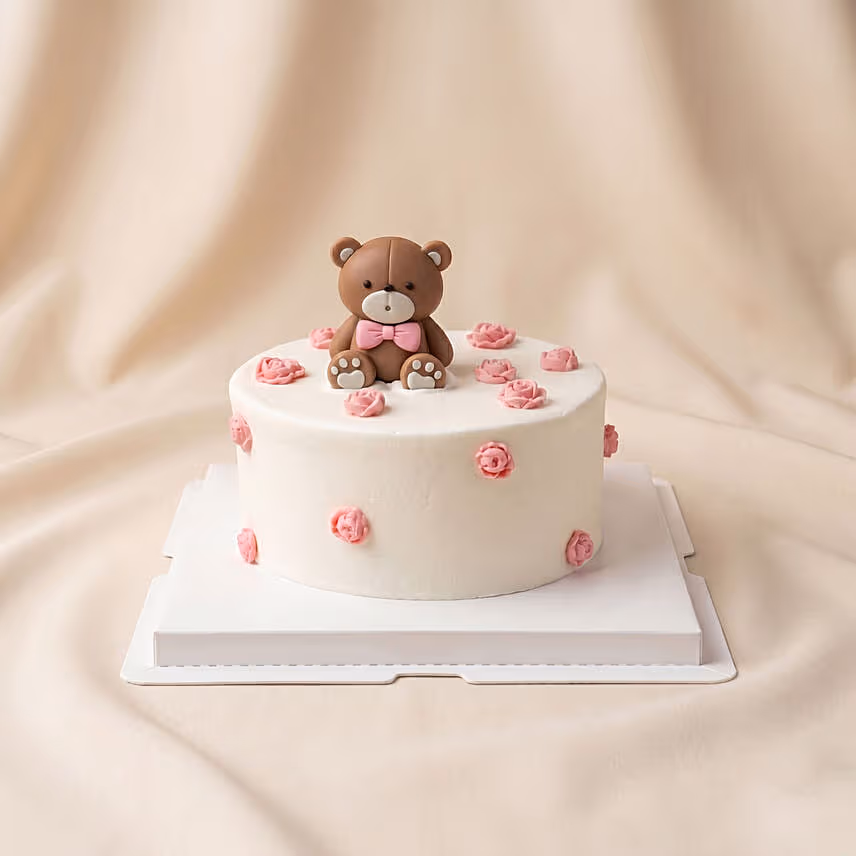Sweetest Hug Teddy Bear & Rose Cream Cake