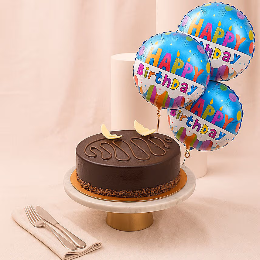 Classic Chocolate Cake with Balloons for Birthday Celebrations