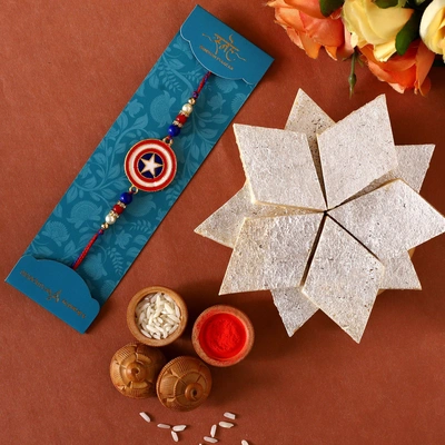 Exclusive Captain America Rakhi for Kids with Premium 250g Haldiram's Kaju Katli