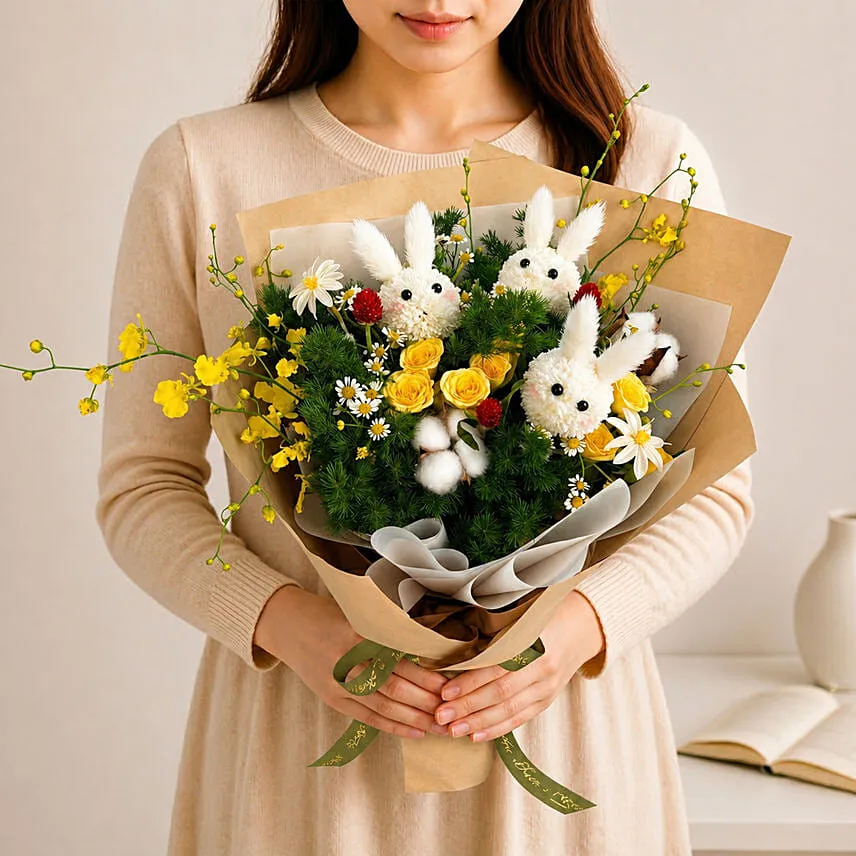 Whimsical Bunny Bloom Buddies Flower Bouquet