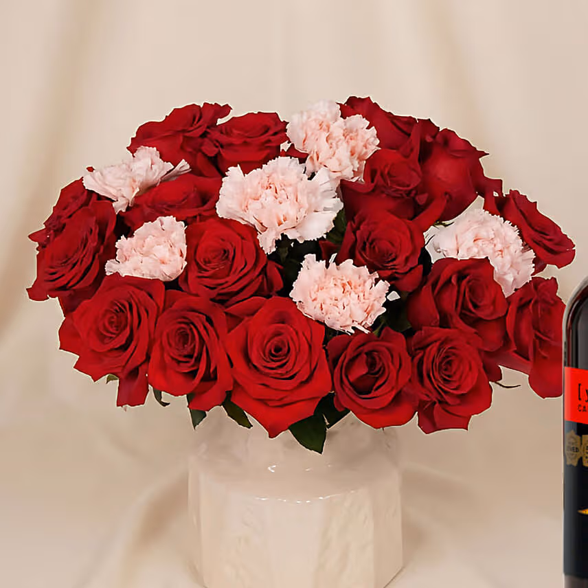 Roses and Carnations in Premium Vase and Wine for Vday