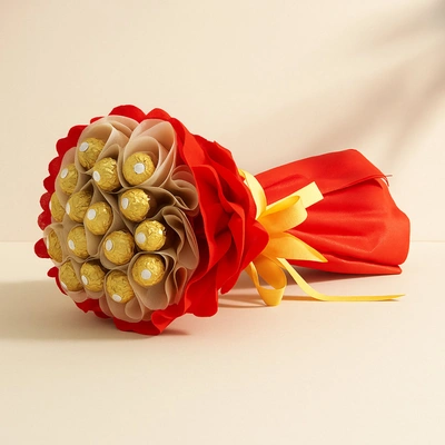 Exquisite Ferrero Rocher Chocolate Bouquet with Elegant Red and White Wrapping