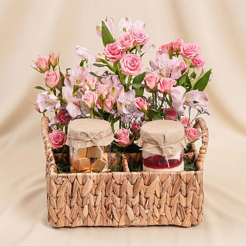 Cake Chocolates And Flowers Basket
