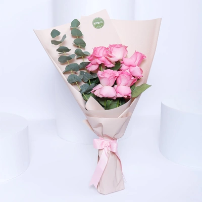 Elegant Pink Roses Bouquet with Eucalyptus and Cream Wrap