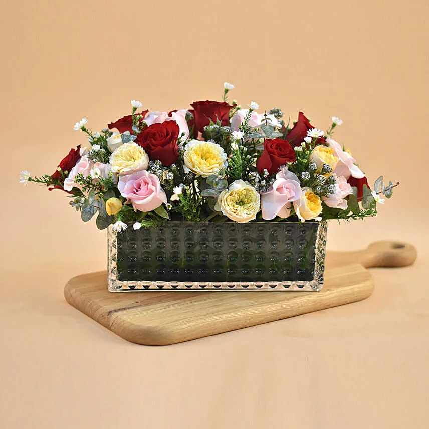 Mixed Roses Rectangular Vase
