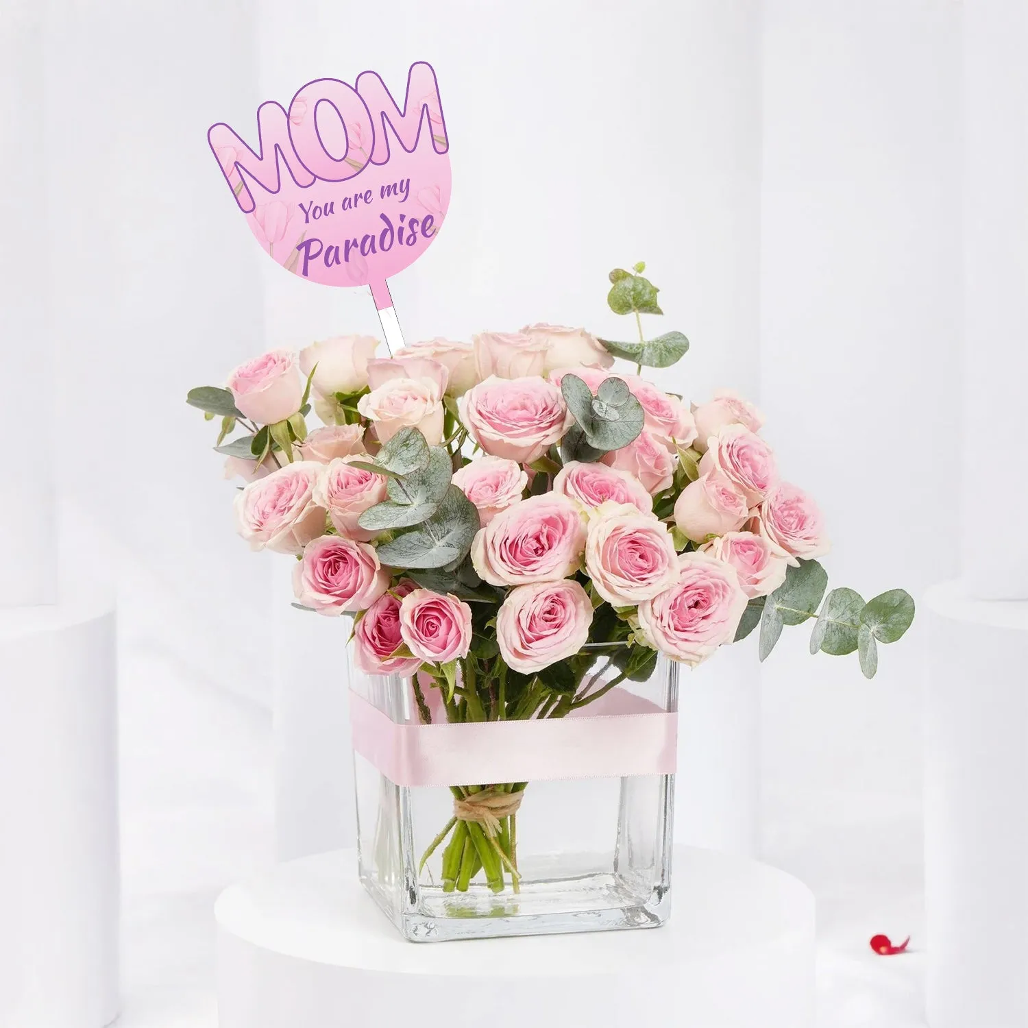 Celebrate Mother's Day with Elegant Pink Roses & Eucalyptus Bouquet