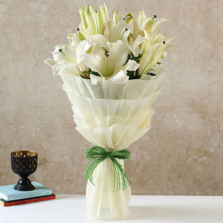 Serene White Oriental Lilies Bouquet with Moet Champagne 200ml