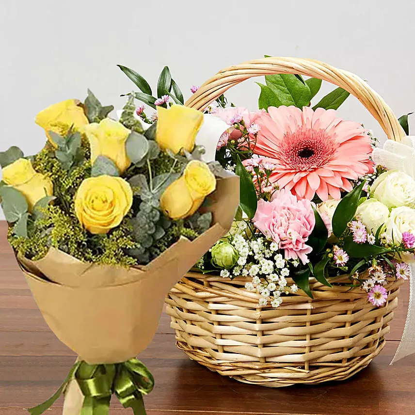 Flower Basket With Roses Bunch & Chocolates