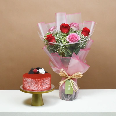 Romantic Blush: Red Roses & Red Velvet Cake Gift Set
