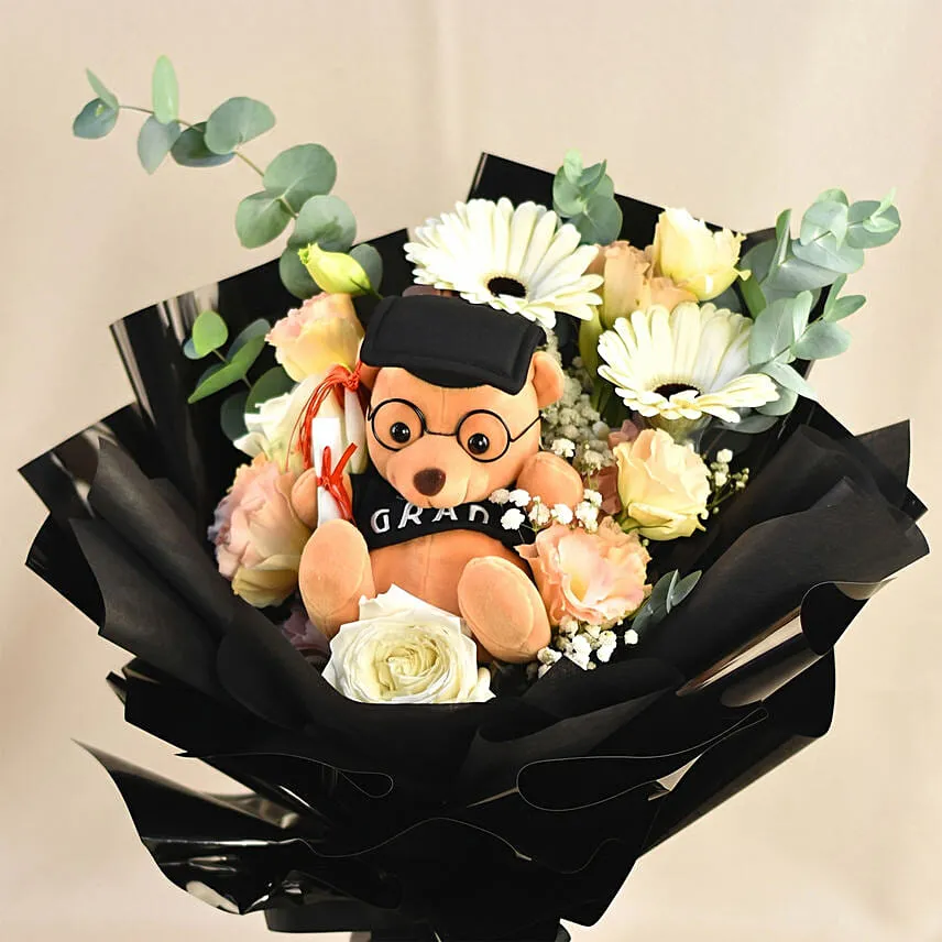 Graduation Hand Bouquet â€“ Elegant Blooms with Plush Teddy