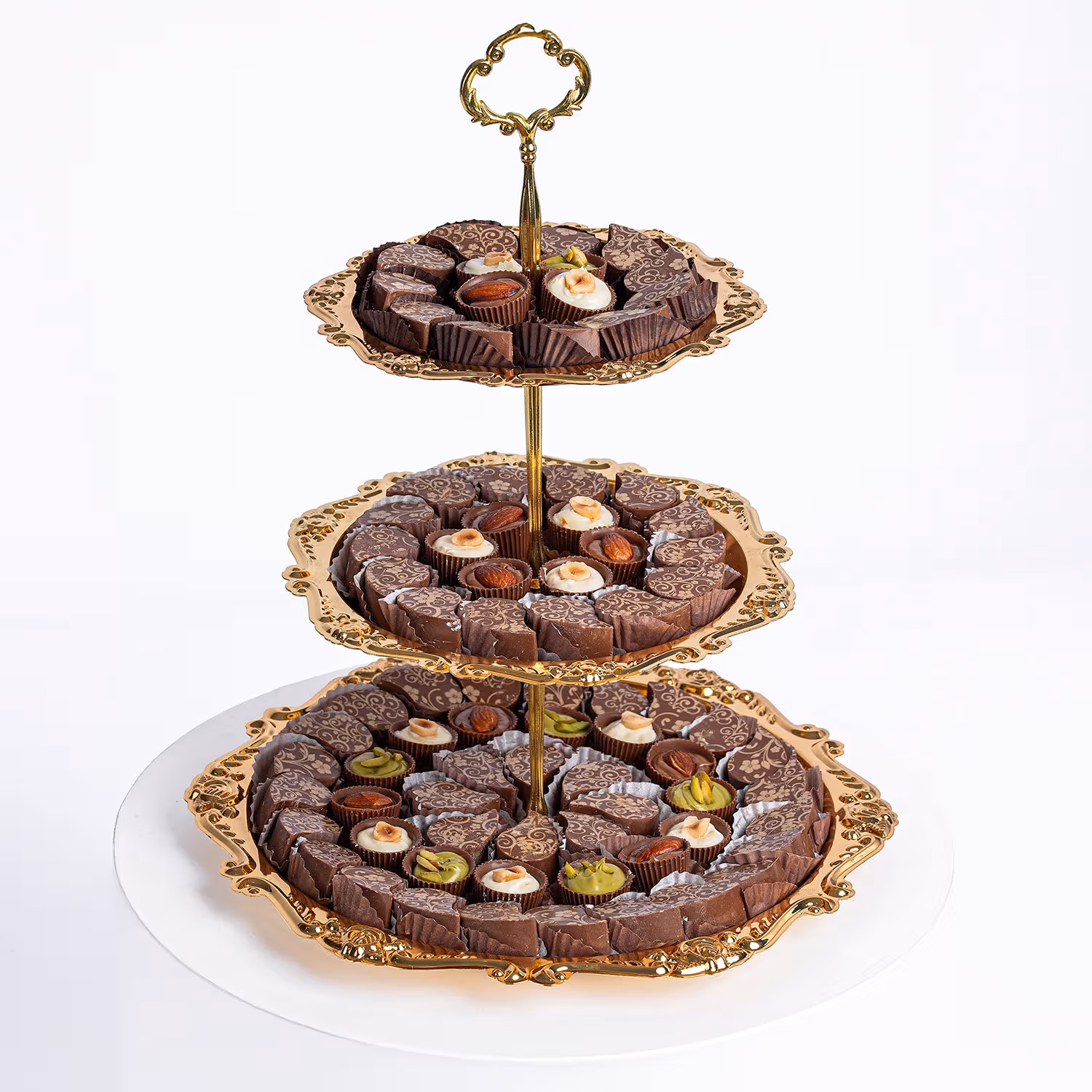 Luxurious Belgian Assorted Chocolates on Elegant 3-Tier Golden Plate