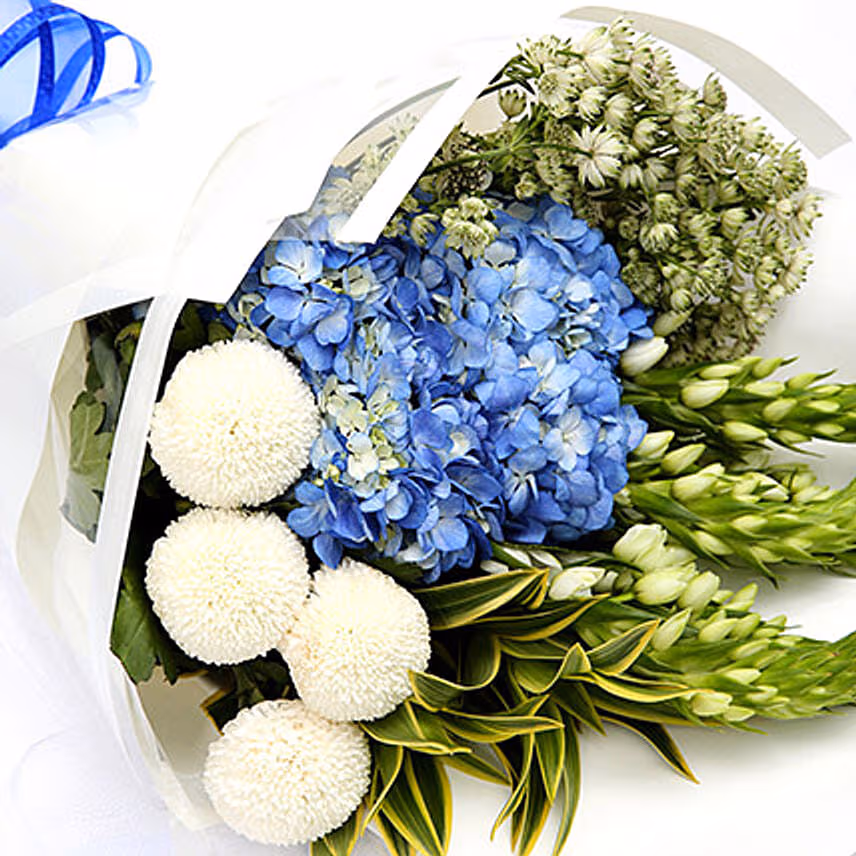 Azure Hydrangea and Button Mums Mix Bouquet