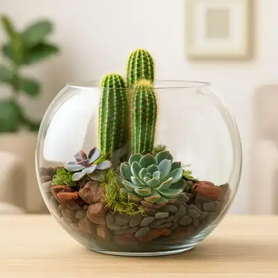 Elegant Cactus & Echeveria Succulent Fish Bowl Terrarium