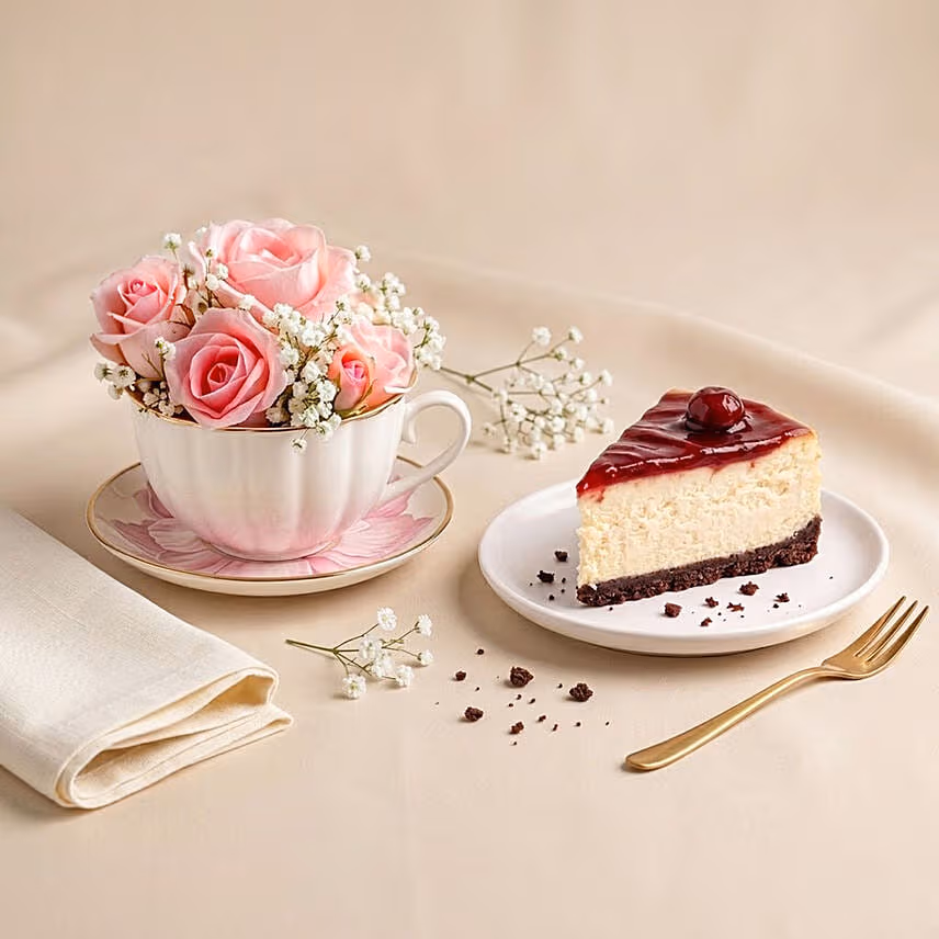 Roses Teacup & Cheesecake Slice Gift