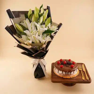 White Lily Flower Bouquet n Cake Combo