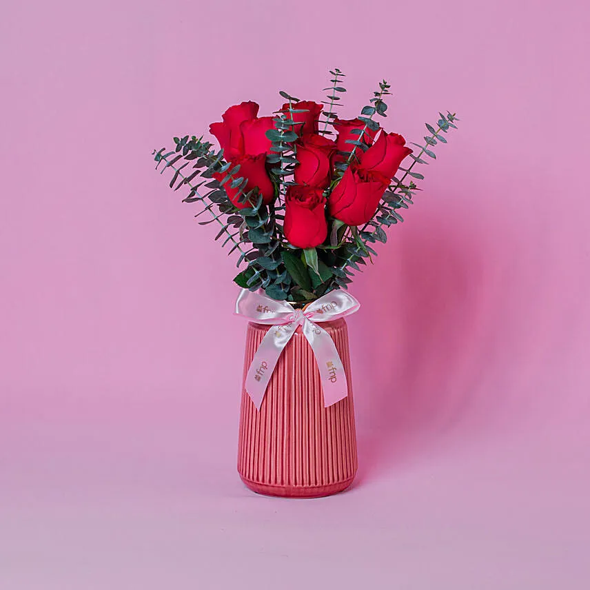 Beautiful Roses Arranged In Designer Vase For Valentine
