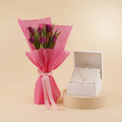 Purple Tulip Bouquet For Mom - With Jewelries