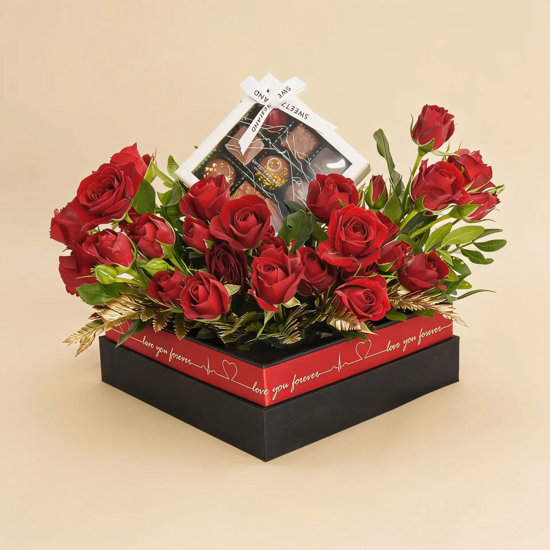 Luxurious Red Velvet Roses with Swiss Chocolates Gift Box