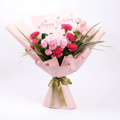 Elegant Happy Birthday Flower Bouquet with Pink Roses and Carnations
