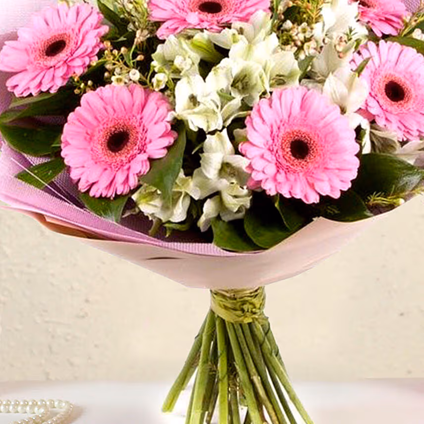 Serene Gerberas N Alstroemeria Bouquet With Birthday Balloon