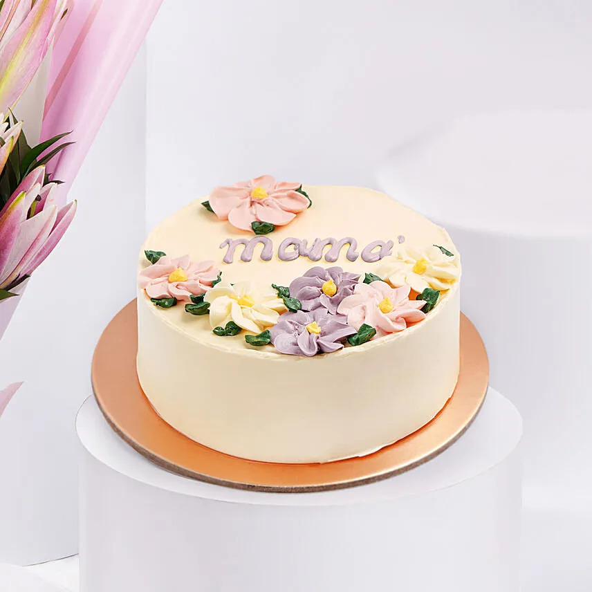 Pink Lily Bouquet n Floral Mama Cake Combo 