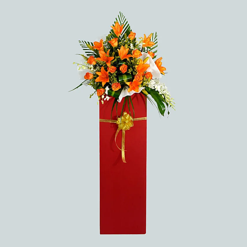 Vibrant Mixed Flowers Red Cardboard Stand